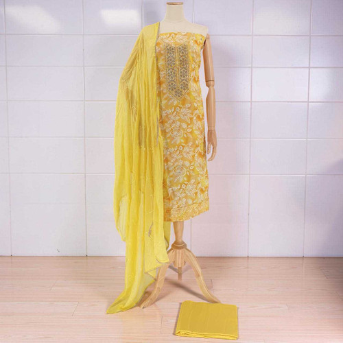 Yellow Unstitched Floral Embroidered Cotton Kurta Set KRT-1300