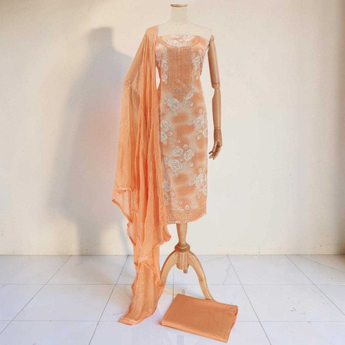 Orange Unstitched Kurta Set with Floral & Thread Work, Shawl & Suruwal KRT-1298