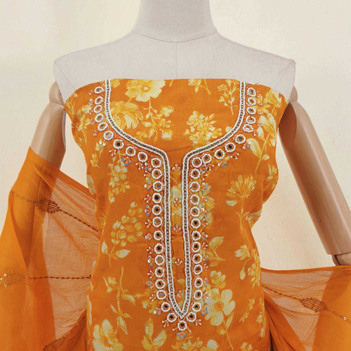 Vibrant Orange Unstitched Kurta Set with  Pote Embroidered Work KRT-1334