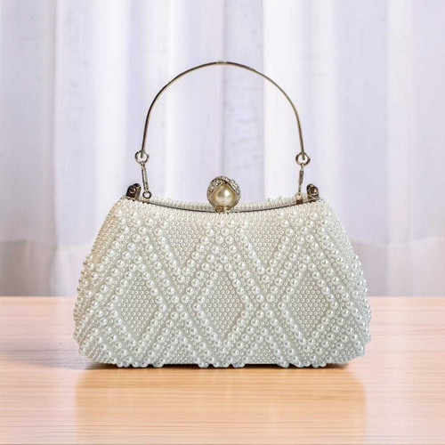 White Pearl-Embellished Clutch with Detachable Chain BG-1581