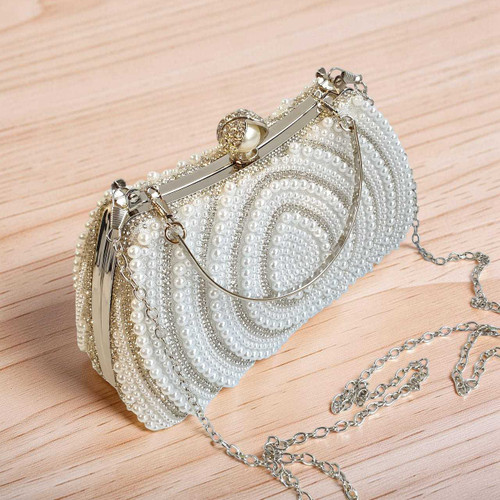 White Pearl & Rhinestone Embroidered Party Handbag BG-1580