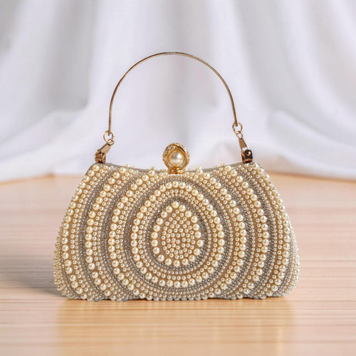 Peach Pearl & Rhinestone Embroidered Party Handbag