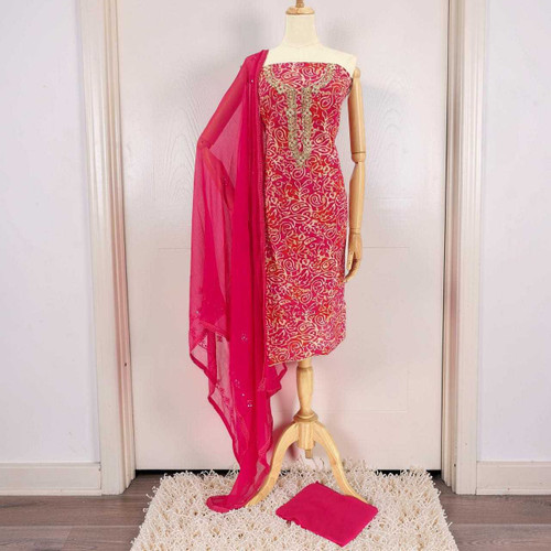 Vibrant Pink Unstitched Cotton Kurta Set with Floral & Jari Work KRT-1317
