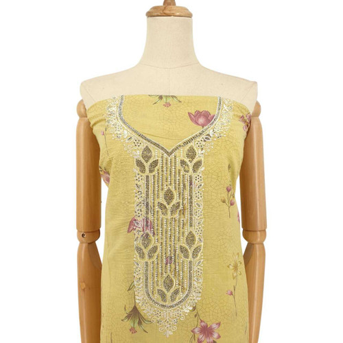 Light Yellow Unstitched Cotton Kurta Set with Multicolored Floral Print & Rhinestone Work KRT-1357