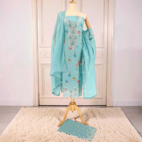 Unstitched Sky Blue Cotton Kurta Set with Floral & Rhinestone Embroidered KRT-1355
