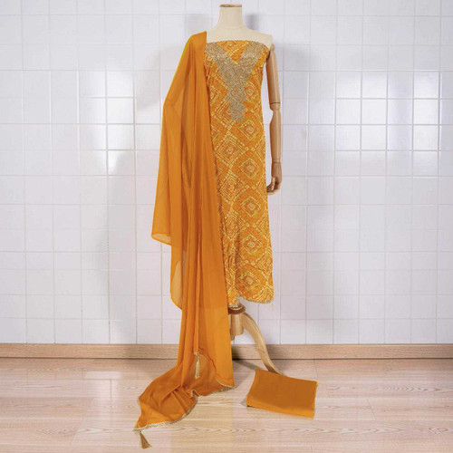Orange Cotton Unstitched Kurta Set with Rajasthani Bandhani Print KRT-1344