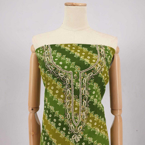 Unstitched Olive Green Kurta Set with Diagonal Floral Design KRT-1314