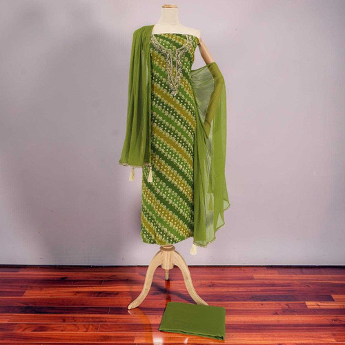 Unstitched Olive Green Kurta Set with Diagonal Floral Design KRT-1314