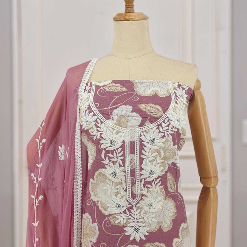Unstitched Puce Pink Cotton Kurta Set with White Floral Print & Thread Embroidery KRT-1339