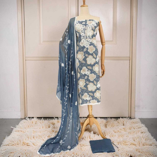 Unstitched Grey Cotton Kurta Set with White Floral Print & Thread Embroidery KRT-1340