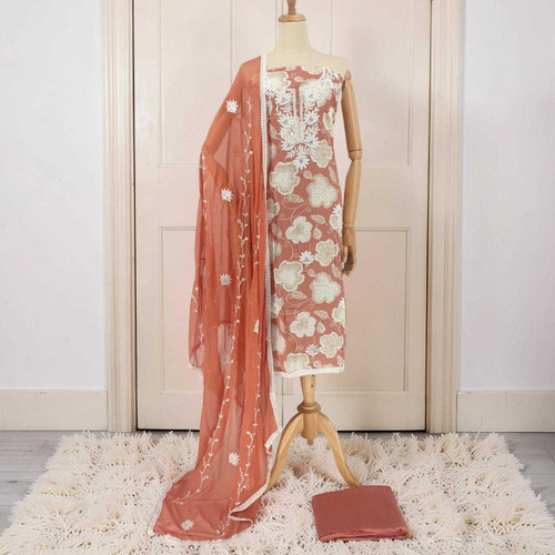 Brown Kurta Set with White Embroidered Design, Matching Dupatta & Suruwal KRT-1341