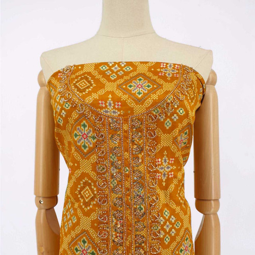 Unstitched Turmeric Yellow Cotton Kurta Set with Multi-Colored Floral & Zari-Sitara Work KRT-1327