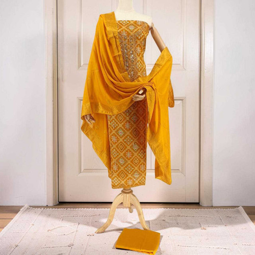 Unstitched Turmeric Yellow Cotton Kurta Set with Multi-Colored Floral & Zari-Sitara Work KRT-1327