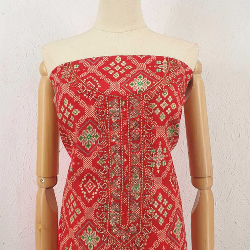 Unstitched Red Cotton Kurta Set with Multi-Colored Floral Print & Zari-Sitara Embroidery KRT-1328