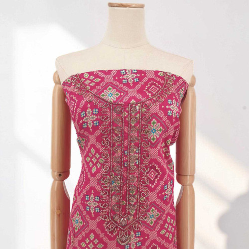 Rani Pink Elegance: Unstitched Cotton Kurta Set with Multi-Colored Floral Embroidery KRT-1329