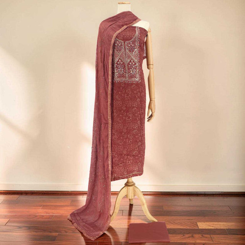 Cognac Color Unstitched Cotton Kurta Set with Floral & Zari Embroidery KRT-1326