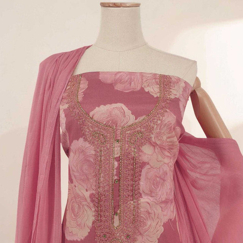 Rose Pink Unstitched Kurta Set with Digital Print, Zari Embroidery, Matching Dupatta & Suruwal KRT-1337