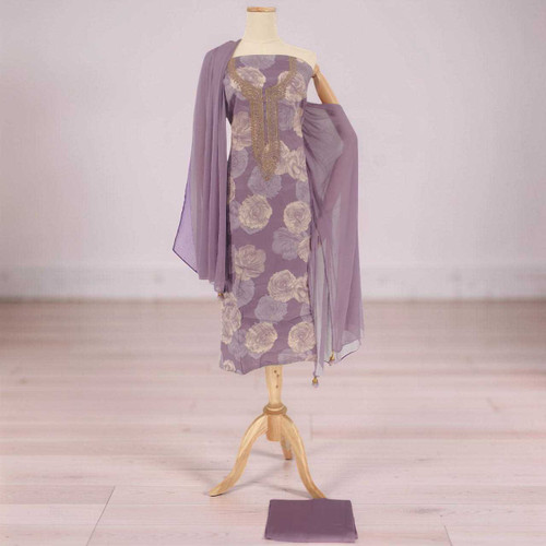 Elegant Lavender Unstitched Cotton Kurta Set with Floral Print KRT-1336