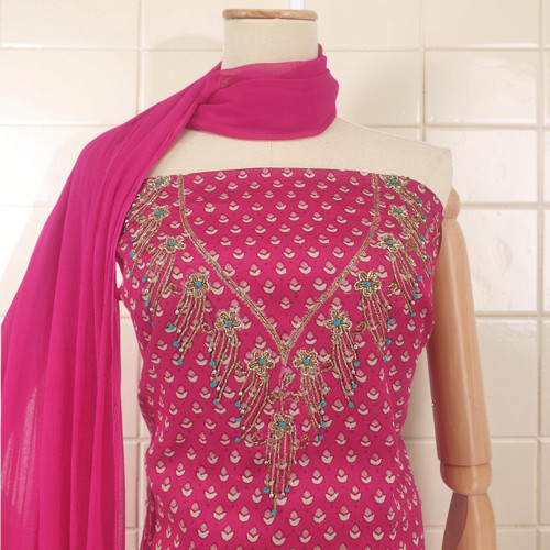 Rani Pink Cotton Unstitched Kurta Set with Floral Print & Pote Work