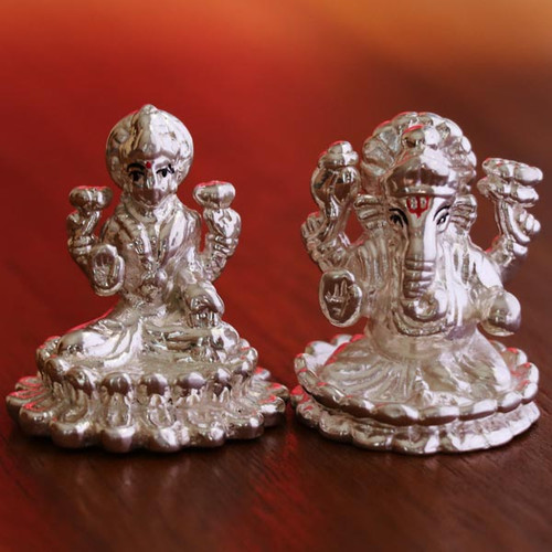 Silver Ganesh Ji and Laxmi Ji on Lotus Flower Statue Set