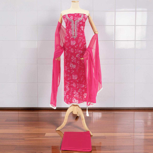 Vibrant Pink Unstitched Cotton Kurta Set with Floral Print & Mirror Embroidery KRT-1332