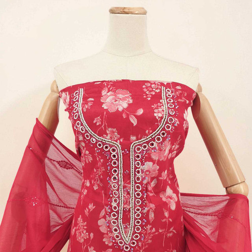 Vibrant Red Unstitched Cotton Kurta Set with Floral Print & Mirror Embroidery KRT-1333