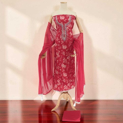 Vibrant Red Unstitched Cotton Kurta Set with Floral Print & Mirror Embroidery KRT-1333