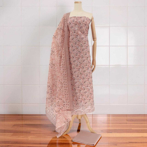 Elegant Light Pink Unstitched Cotton Kurta Set with Leaf Print KRT-1311
