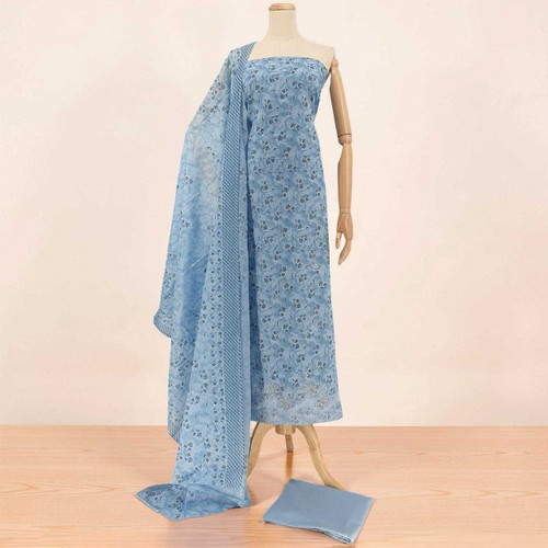 Light Blue Unstitched Cotton Kurta Set with Leaf Print & Floral Rhinestone Work KRT-1310
