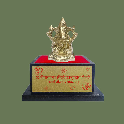 Brass Ganesh Statue with Mantra Printed on Wooden Base