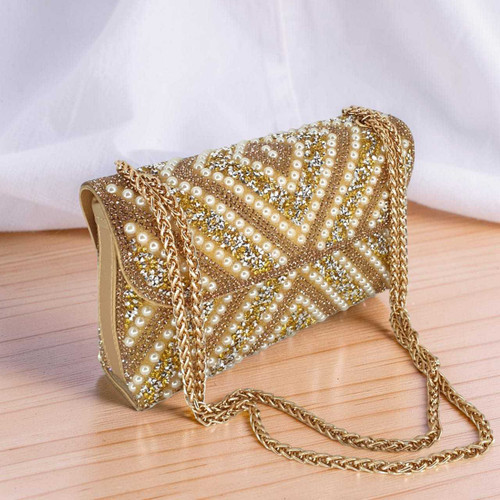Stylish Gold-Tone Clutch with Pearl & Rhinestone Detailing Clutch Bag BG-1587