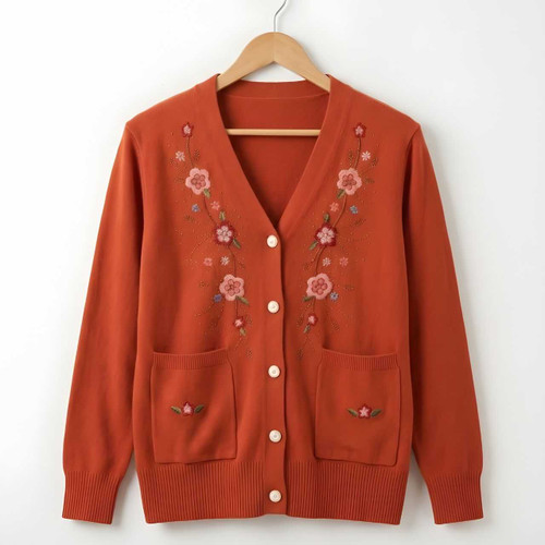 Stylish Brick Orange V-Neck Cardigan SS-14