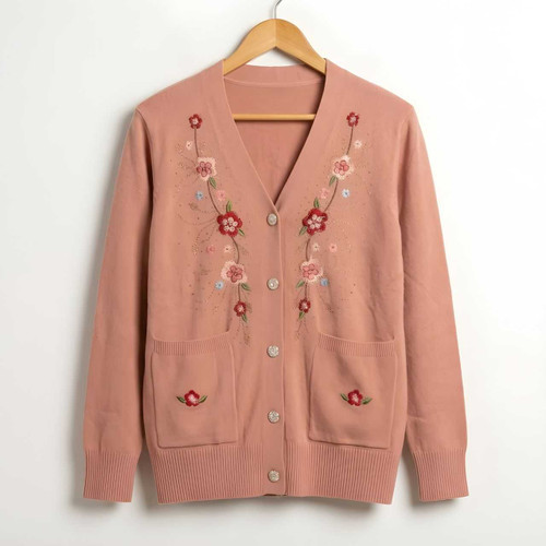 Trendy Peach V-Neck Cardigan with Multi-Floral Design SS-16