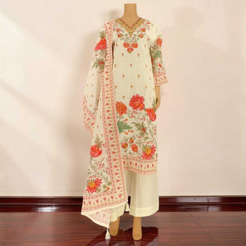 Off White Multi Color Floral Printed Cotton Kurta Set with Suruwal & Shawl- XXL Size