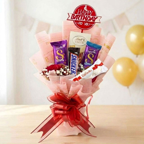 Premium Chocolates & Roses Birthday Gift with Cake Topper