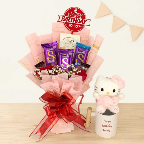 Birthday Delight Chocolate Bouquet Gift with Cute Kitty Plush Keychain SK-2389
