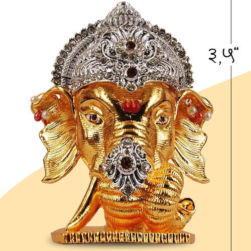 Metal Ganesh Ji Head With Stones On Mukut (Golden)