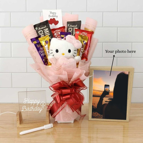 Cute Personalized Birthday Surprise set With Sweets Bouquet & Photo Frame SK-2390