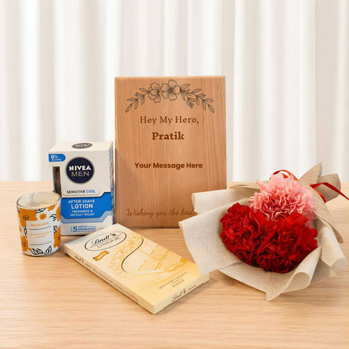 Personalized Men’s Gift Combo – Carnations, Plaque, Candle & Lindt Set SPM-777