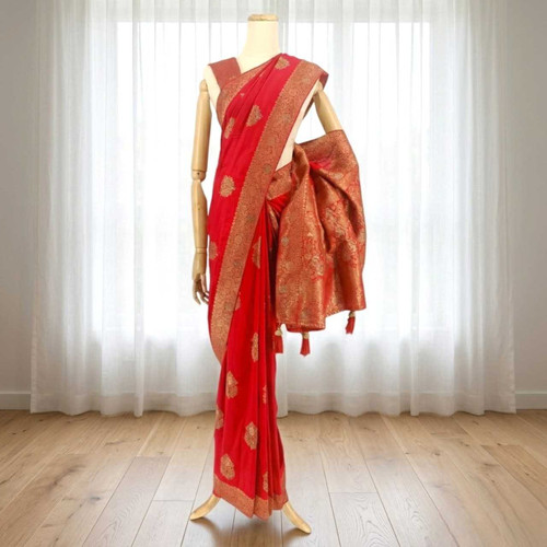 Red Dola Silk Saree with Floral Golden Thread Embroidery SR-1315