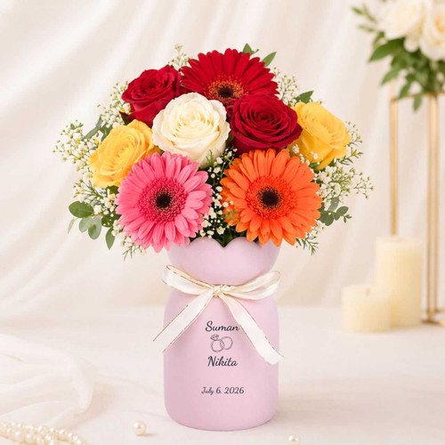 Personalized Mixed Flower Vase – Roses & Gerbera with Custom Name & Date SPM-785