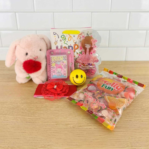 Birthday Gift Bag with Bunny, Emoji Ball, Head Band, Rubber Bands, Chocolates & Note Pad JNK-6965