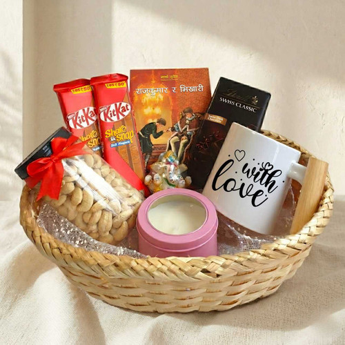 Premium Bamboo Basket Gift Hamper with Book, Chocolates & Mug SK-2447