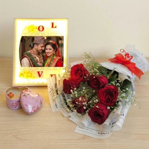 Photo Frame, Rose Bouquet & Candle Gift Set JNK-7006