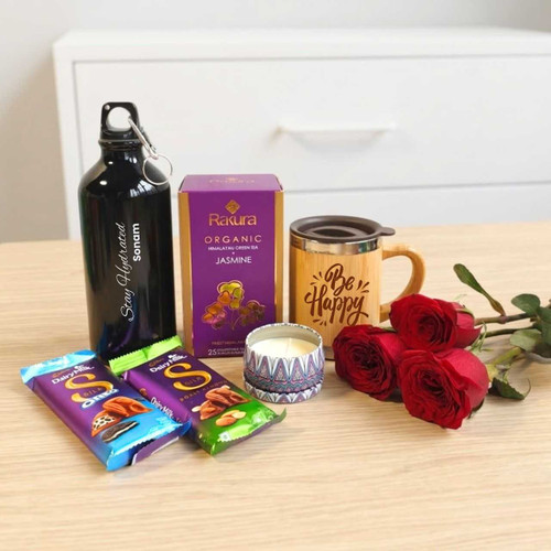 Tea Lover Gift Set with Bottle, Mug, Candle, Chocolates & Roses JNK-7013