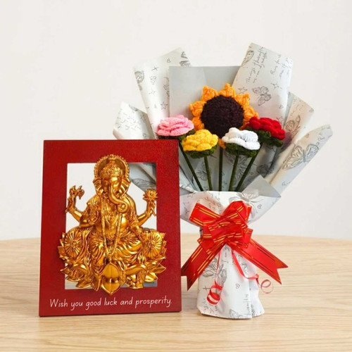 Lord Ganesha Statue with Crochet Bouquet JNK-7016