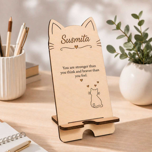 Cat Lover Wooden Mobile Stand with Custom Name JNK-7024