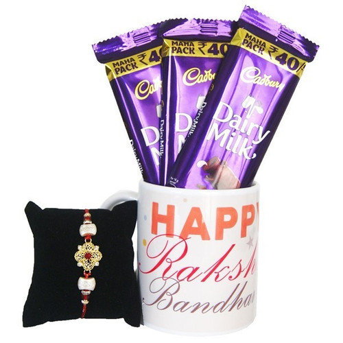 Printed Mug With Chocolates And A Rakhi Thread