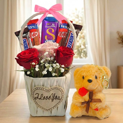 Love Delight Gift Basket of Roses, Teddy & Chocolates