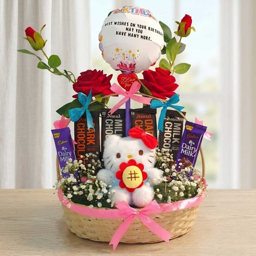 Birthday Gift Basket with Chocolates, Artificial Roses & Keychain JNK-7073